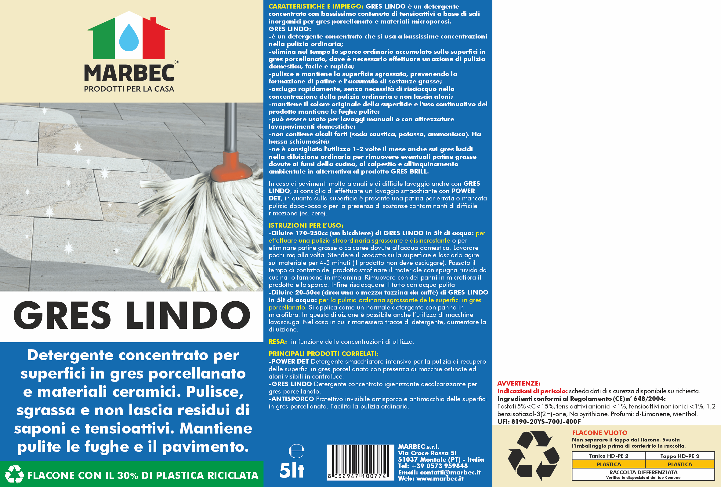 Detergente per gres porcellanato GRES LINDO   5LTx4Pz