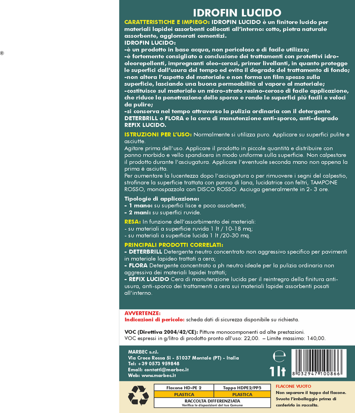 Cera per pavimenti IDROFIN LUCIDO   1LTx6Pz