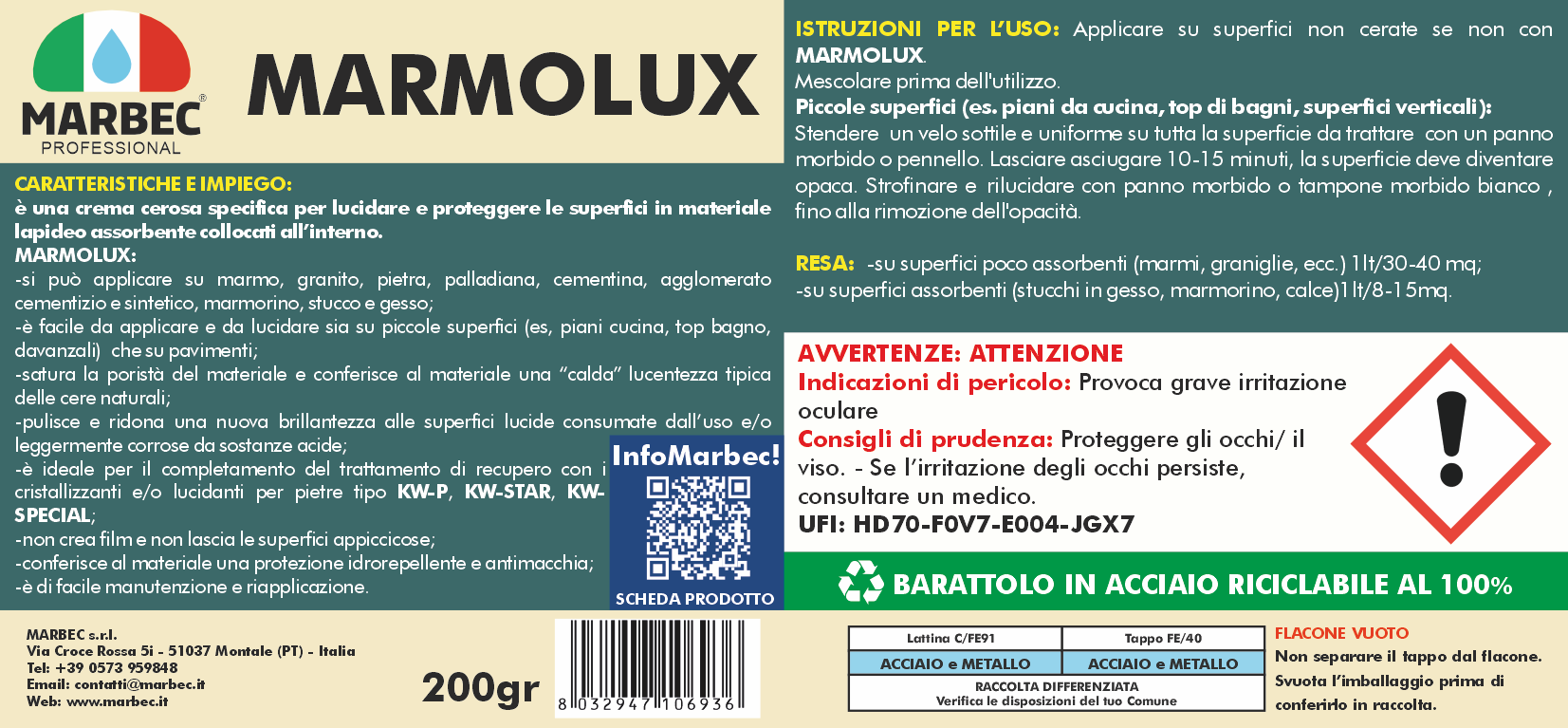 Crema lucidante per marmo MARMOLUX   200GR