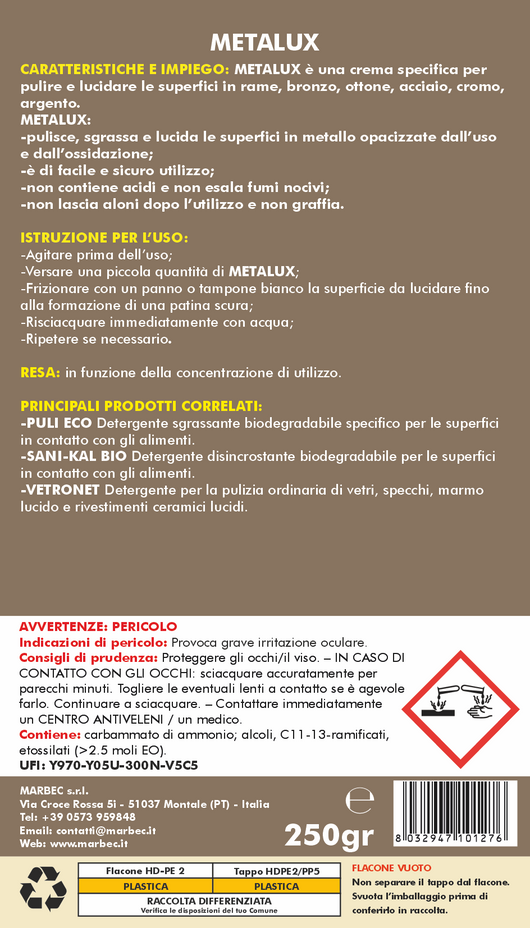Pulizia rame e argento METALUX   250GR