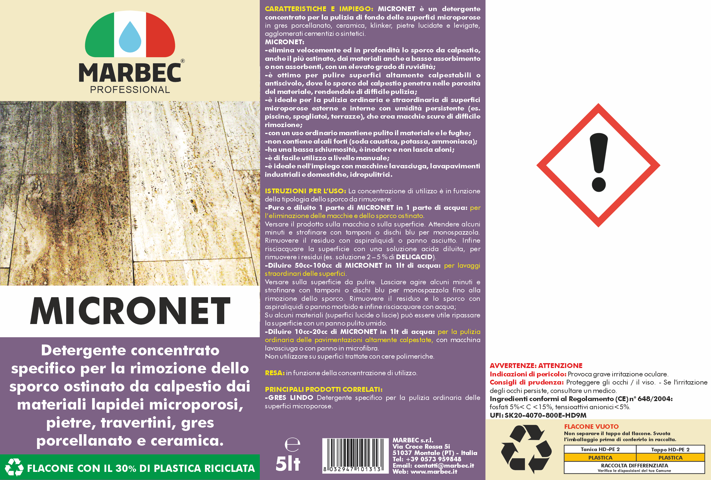 Detergente per gres porcellanato e pietre MICRONET   5LTx4Pz