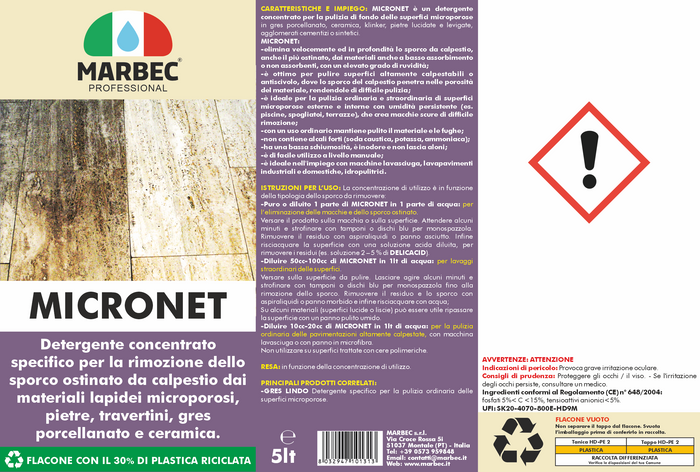 Detergente per gres porcellanato e pietre MICRONET   5LTx4Pz
