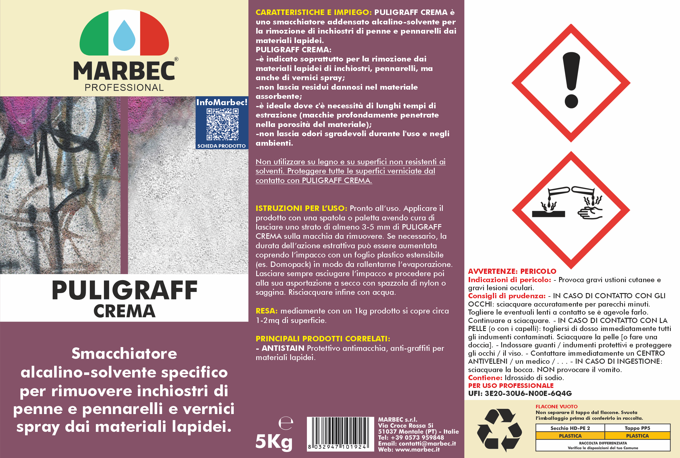 Smacchiatore per graffiti, inchiostri, pennarelli PULIGRAFF   5KG