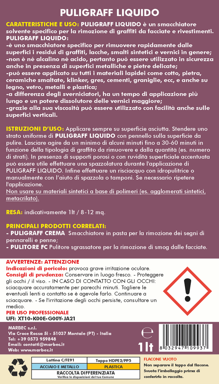 Smacchiatore per rimuovere graffiti PULIGRAFF LIQUIDO   1LTx6Pz