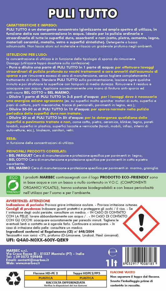 Detergente universale per superfici dure, come cotto, pietra, cemento, metalli, legno. Efficace anche a basse concentrazioni.  1LT