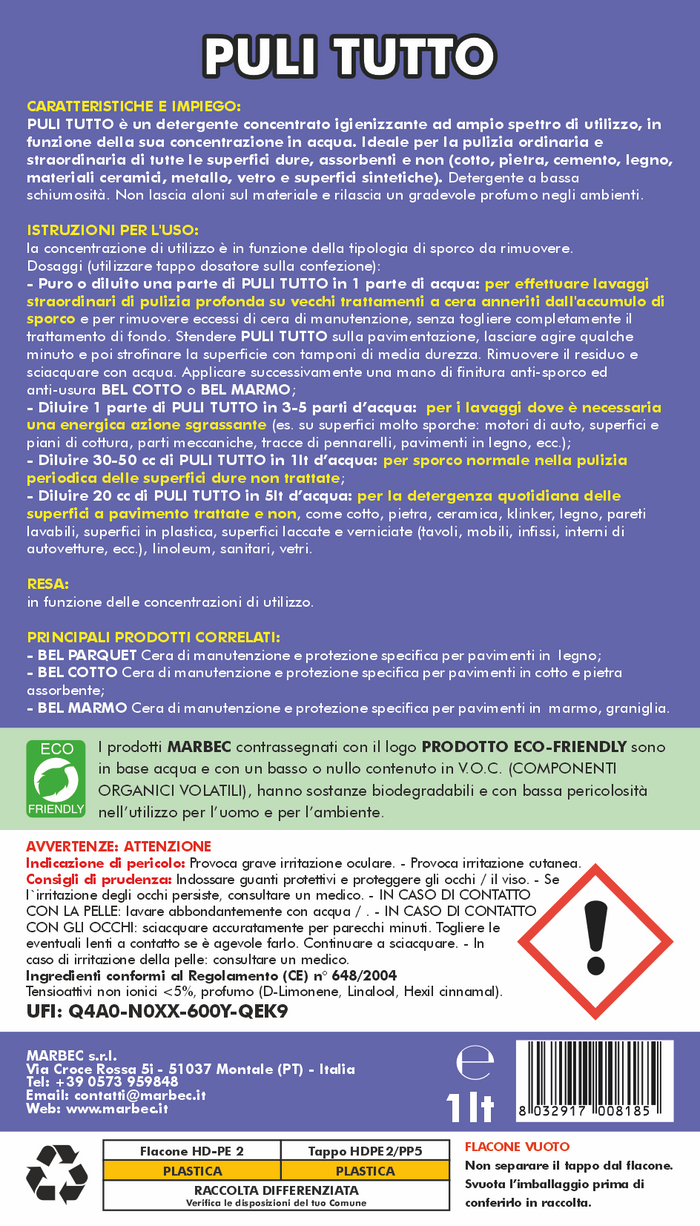 Detergente universale per superfici dure, come cotto, pietra, cemento, metalli, legno. Efficace anche a basse concentrazioni.  1LT