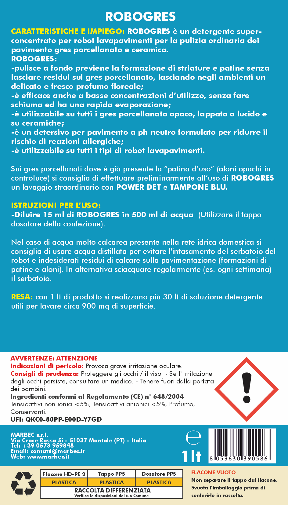 Detergente per robot lavapavimenti su gres ROBOGRES 1LTx6Pz