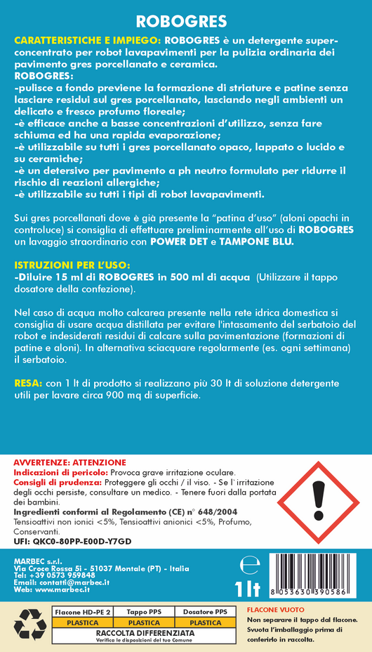 Detergente per robot lavapavimenti su gres ROBOGRES 1LT