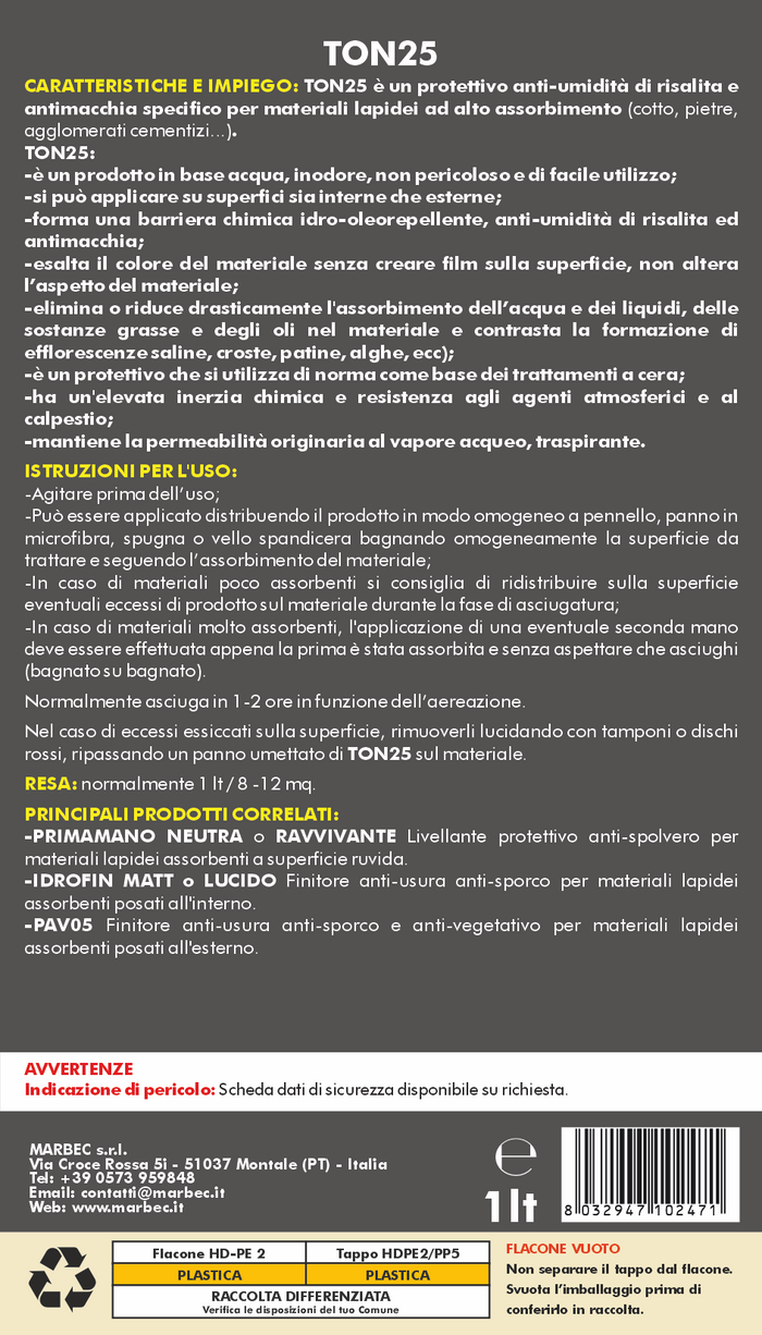 Trattamento idrorepellente antimacchia cotto e pietre TON25   1LT