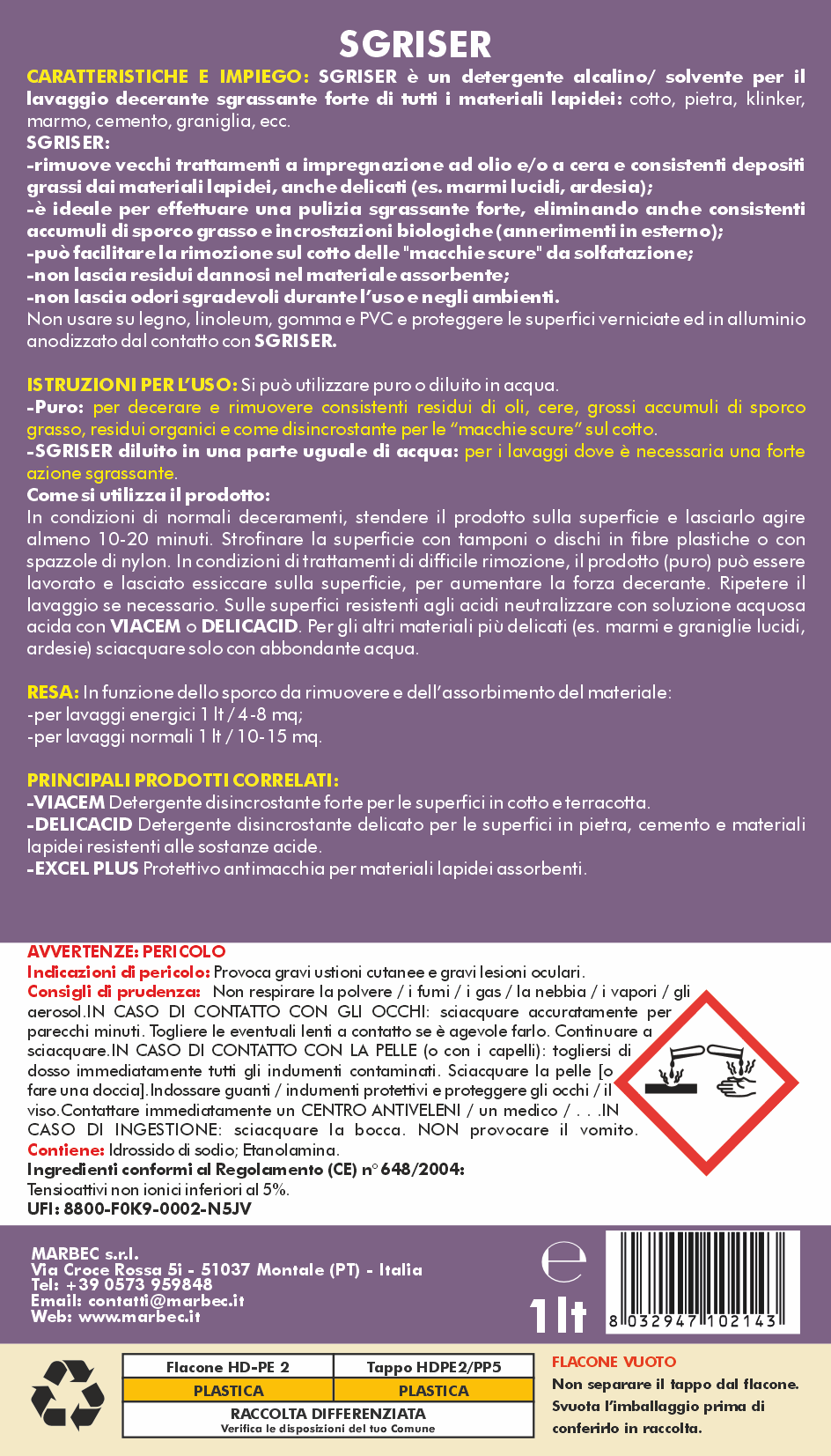 Detergente sgrassante professionale SGRISER   1LTx6Pz