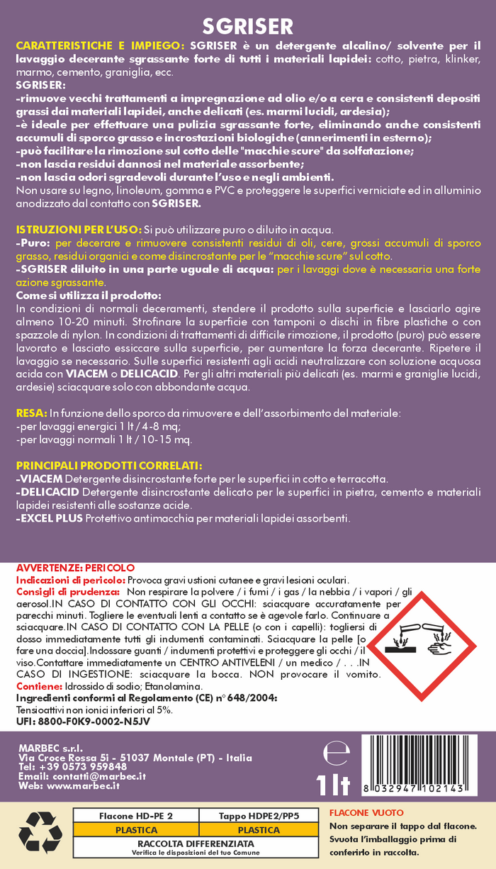 Detergente sgrassante professionale SGRISER   1LTx6Pz
