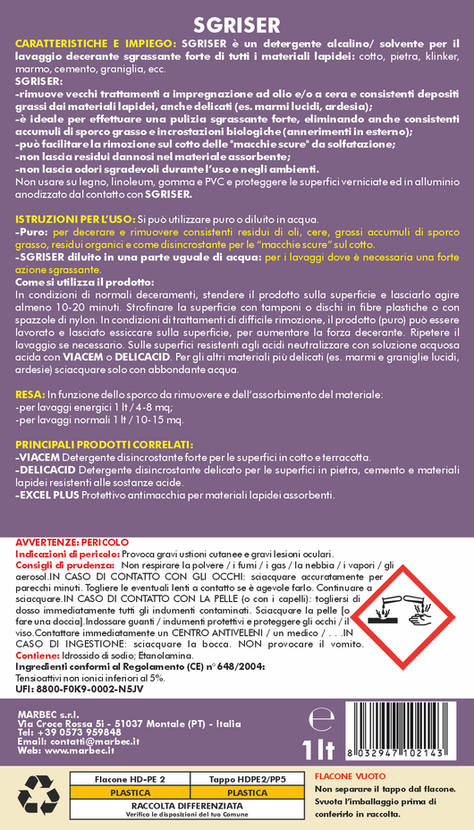 Detergente sgrassante professionale SGRISER   1LT + Tampone Marrone