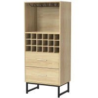 Cantinetta con 18 scomparti, cassetti, portabicchieri, 60x39,5x141 cm, Legno naturale