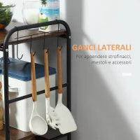 Carrello da Cucina Portavivande Stile Industriale con 4 Ruote, 2 Cestini e 4 Ganci, 60x38x85.5cm, Marrone Nero