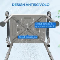 Sgabello per Doccia Regolabile con Braccioli e Fori di Drenaggio, in Alluminio, HDPE e EVA, 52x45x57-69 cm