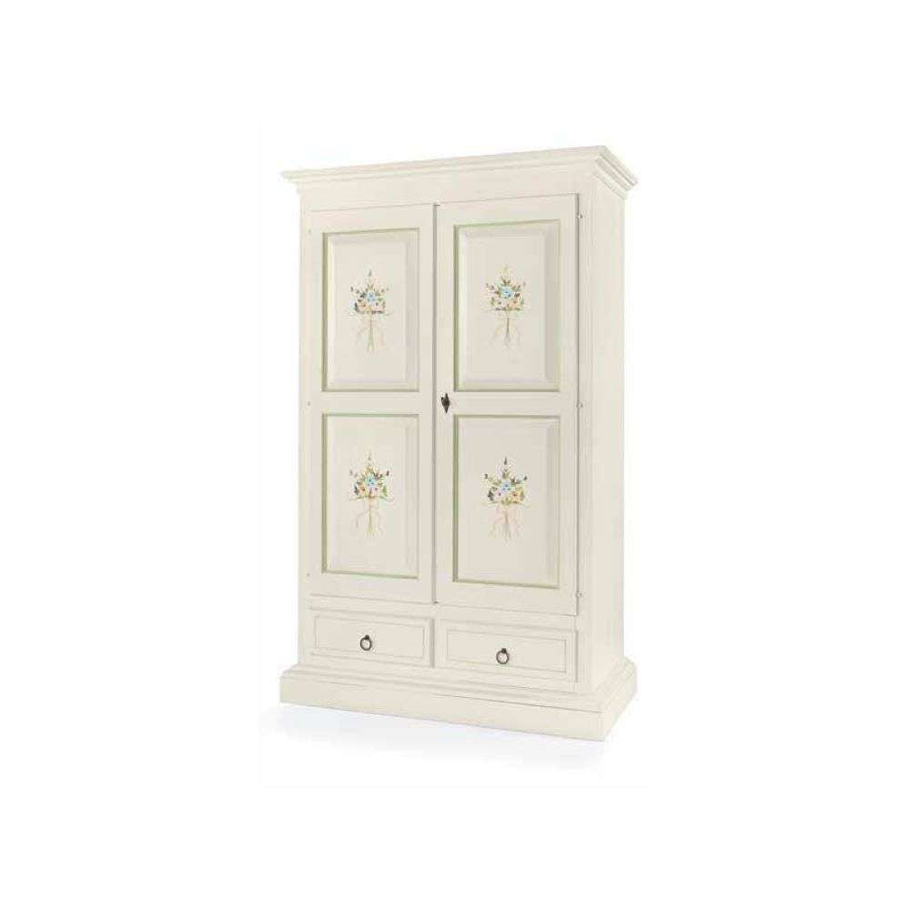 Armadio a cappello dritto 2 ante 2 cassetti e appendiabiti con bastone in legno in bianco con decorato 125x61x200 H
