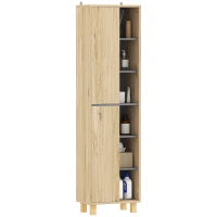 Mobile colonna bagno, armadio bagno con 6 scomparti aperti e 2 armadi, legno naturale