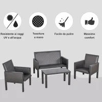 Salotto da Giardino con Divano da Esterno e Tavolino, Mobili da Giardino in Rattan Sintetico, Set 4 Pz, Grigio
