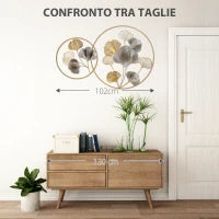 Decorazione Murale 3D in Metallo, Wall Art Dorata con Ginkgo in due Cornici Rotonde, 102x66.2cm, Oro e Argento