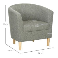 Poltrona Moderna a Pozzetto in Tessuto Effetto Lino con Gambe in Legno, 74x63x73cm, Grigio