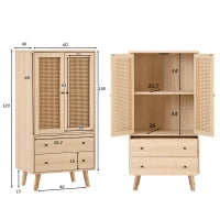 Credenza legno multifunzione con 2Ante in Rattan e 2Cassetti, impermeabili e gambe in legno di pino massiccio, Quercia