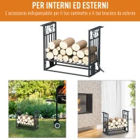Portalegna Rialzato per Camino in Acciaio Antiruggine, Porta Legna da Interni ed Esterni, 4 Attrezzi Inclusi, 75x30x60cm