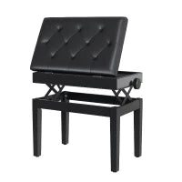 Sgabello per Pianoforte Trapuntato con Vano Contenitore, in Legno e Pelle PU, 54.5x33x48-58 cm, Nero