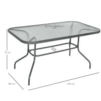 Tavolo da Giardino con Foro per Ombrellone, Arredamento da Esterno in Metallo e Vetro 140x80x70cm Grigio