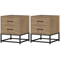 Set di 2 Comodini con 2 Cassetti Stile Industriale in Legno e Acciaio, Colore Legno
