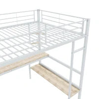 Letto a soppalco 140x200 cm in metallo con scrivania e scaffali, senza materasso, Bianco