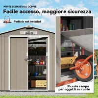 Casetta da Giardino in Metallo con Prese d'Aria e Doppia Porta Scorrevole, 2.1x1.3m, Marrone Chiaro