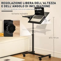 Tavolino da Divano Porta PC a Forma di C con Ruote Bloccabili e Piano Inclinabile, Nero