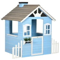 Casa per Bimbi 3-7 Anni con Staccionata, Portavasi, Porta e Finestre, in Legno di Abete, 151x112.5x142 cm, Blu