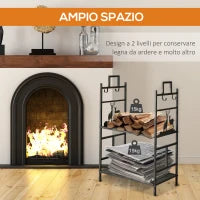 Portalegna in Ferro Battuto con Attrezzi per Camino, Manici e Base Rialzata, 51.5x33x77cm, Nero