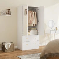 Armadio con specchio, 2 ante, 2 cassetti e asta appendiabiti, 80 x 50 x 180 cm, bianco