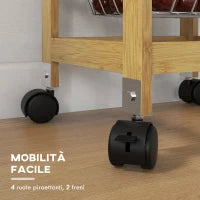 Carrello Cucina con Ruote, Cassetto e 3 Cestini a Rete Metallica, 37x37x76cm, Colore Legno