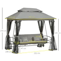 Dondolo da Giardino 3 Posti Lettino e Gazebo Design 3 in 1 con Tettuccio, 256x172x248 cm, Grigio Scuro