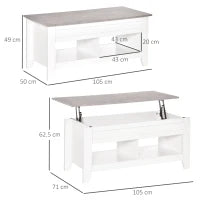 Tavolino Rettangolare con Piano sollevabile, 2 Ripiani, in Truciolato 105x50x49 cm, Bianco