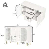 Credenza da pranzo in rattan con cassetti, per cucina e soggiorno, 120x40x90 cm, Bianco