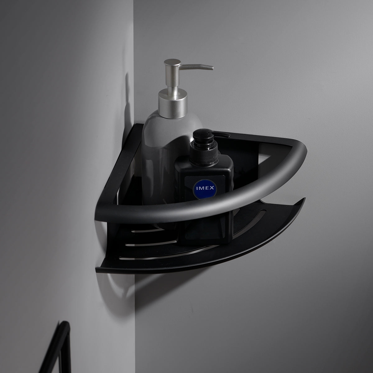 IMEX Portasapone angolare in acciaio inox S304 e ottone finitura nero opaco design compatto per montaggio a parete modello DHANU Imex-ADH010-NG