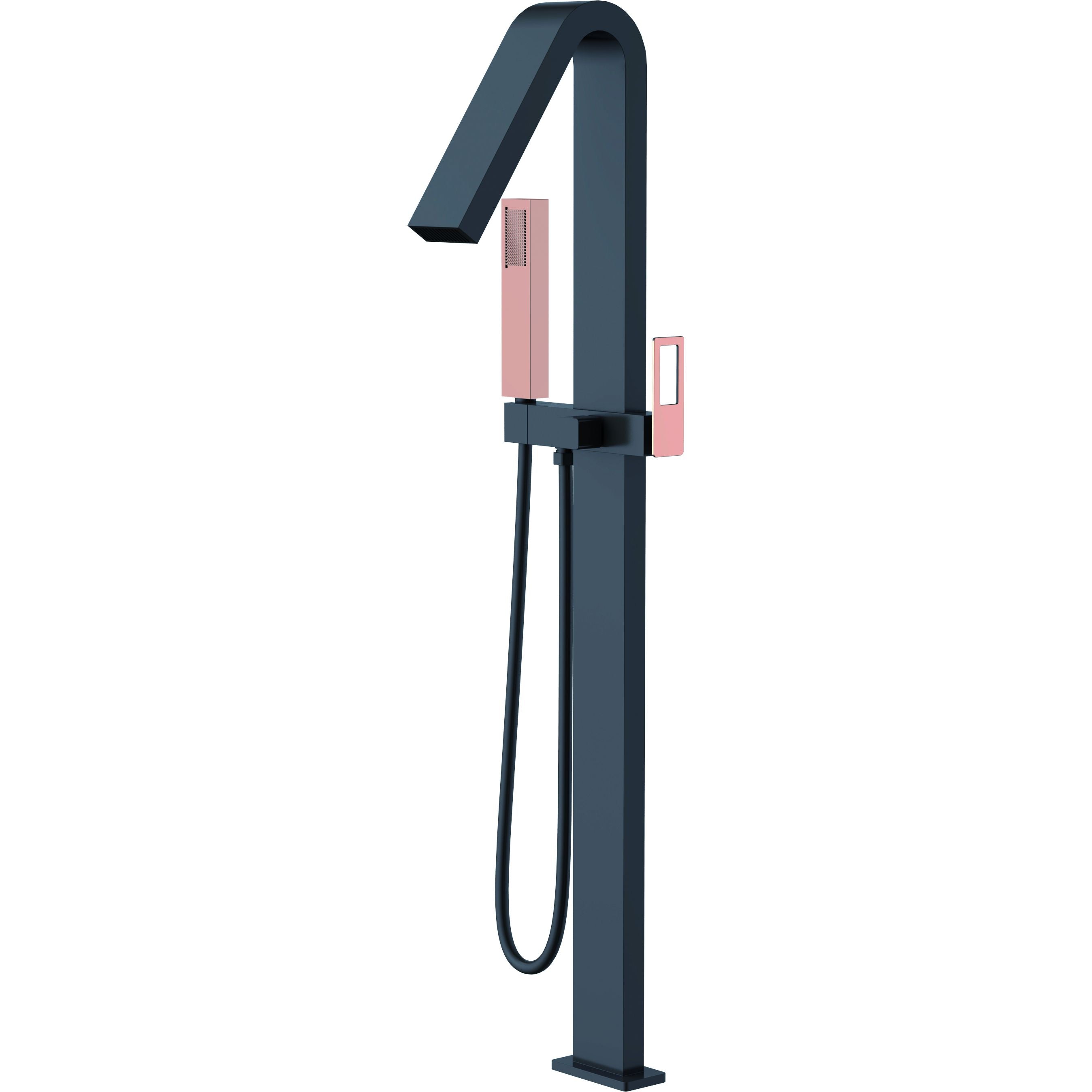 IMEX Miscelatore vasca-doccia a pavimento in ottone nero opaco e acciaio manopola e maniglia nero oro rosa cartuccia ceramica Ø35mm tubo PVC e scatola registrazione a pavimento - modello Imex-BBEC3