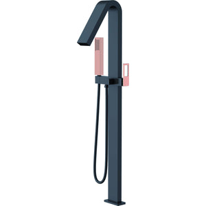 IMEX Miscelatore vasca-doccia a pavimento in ottone nero opaco e acciaio manopola e maniglia nero oro rosa cartuccia ceramica Ø35mm tubo PVC e scatola registrazione a pavimento - modello Imex-BBEC3