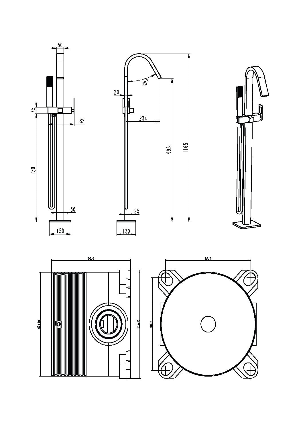 IMEX Miscelatore vasca-doccia a pavimento in acciaio e ottone cromato colore inox con cartuccia ceramica Ø35 mm, tubo flessibile in PVC, comando a una posizione, scatola di comando a pavimento Modello