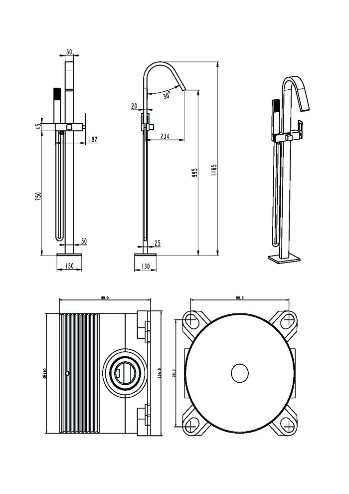 IMEX Miscelatore vasca-doccia a pavimento in acciaio e ottone cromato colore inox con cartuccia ceramica Ø35 mm, tubo flessibile in PVC, comando a una posizione, scatola di comando a pavimento Modello