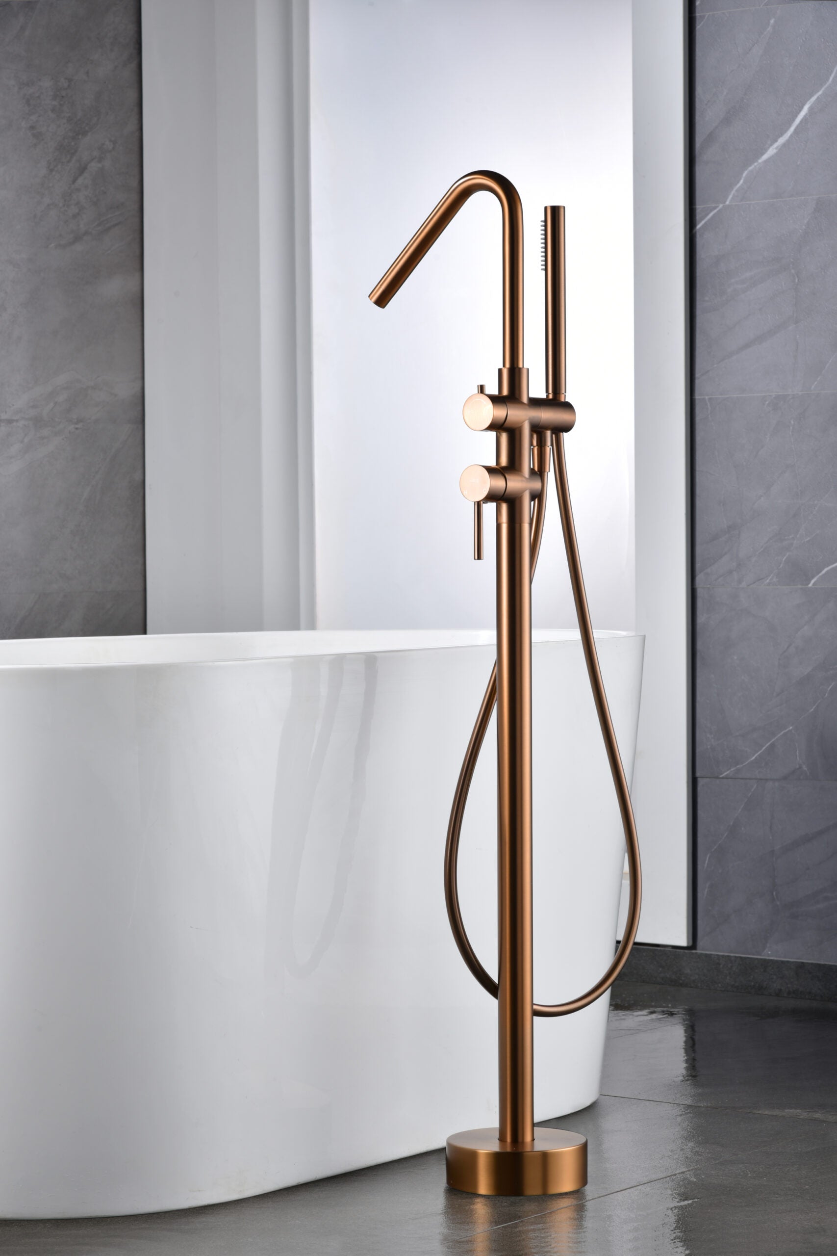 IMEX Miscelatore vasca-doccia a pavimento in ottone e acciaio finitura oro rosa cartuccia ceramica Ø35mm tubo flessibile in PVC manopola singola scatola comando integrata – Modello Imex-BBECO1-ORC