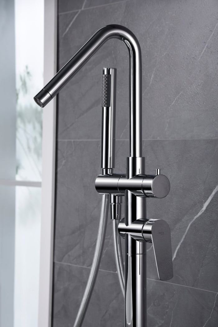 IMEX Miscelatore vasca-doccia a pavimento in ottone e zama cromato con cartuccia ceramica Ø35 mm, tubo flessibile PVC e comando a una posizione, inclusa scatola di comando modello Belgica Imex-BBEZ044