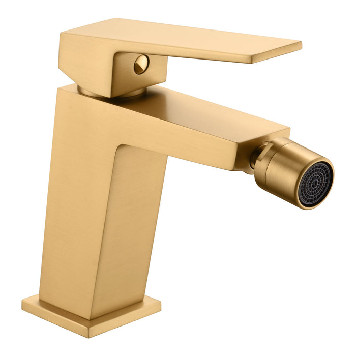 IMEX Miscelatore monocomando bidet corpo ottone cartuccia ceramica Ø26 mm finitura oro spazzolato con set 2 tubi flessibili 3/8 in zama PVD serie ART Imex-BDAR025-2OC