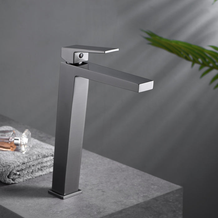 IMEX Miscelatore lavabo alto monocomando Black Gun Metal in ottone con finitura PVD cartuccia ceramica Ø26 mm flessibili 3-8 design squadrato moderno per lavabi da appoggio – modello BDAR025-3BGM