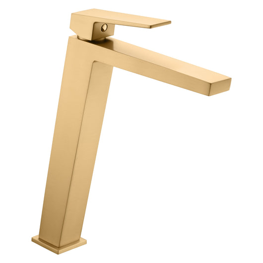 IMEX Miscelatore lavabo monocomando alto in ottone con finitura PVD oro spazzolato cartuccia ceramica Ø26 mm flessibili Ø38 design per lavabi da appoggio modello BDAR025-3OC