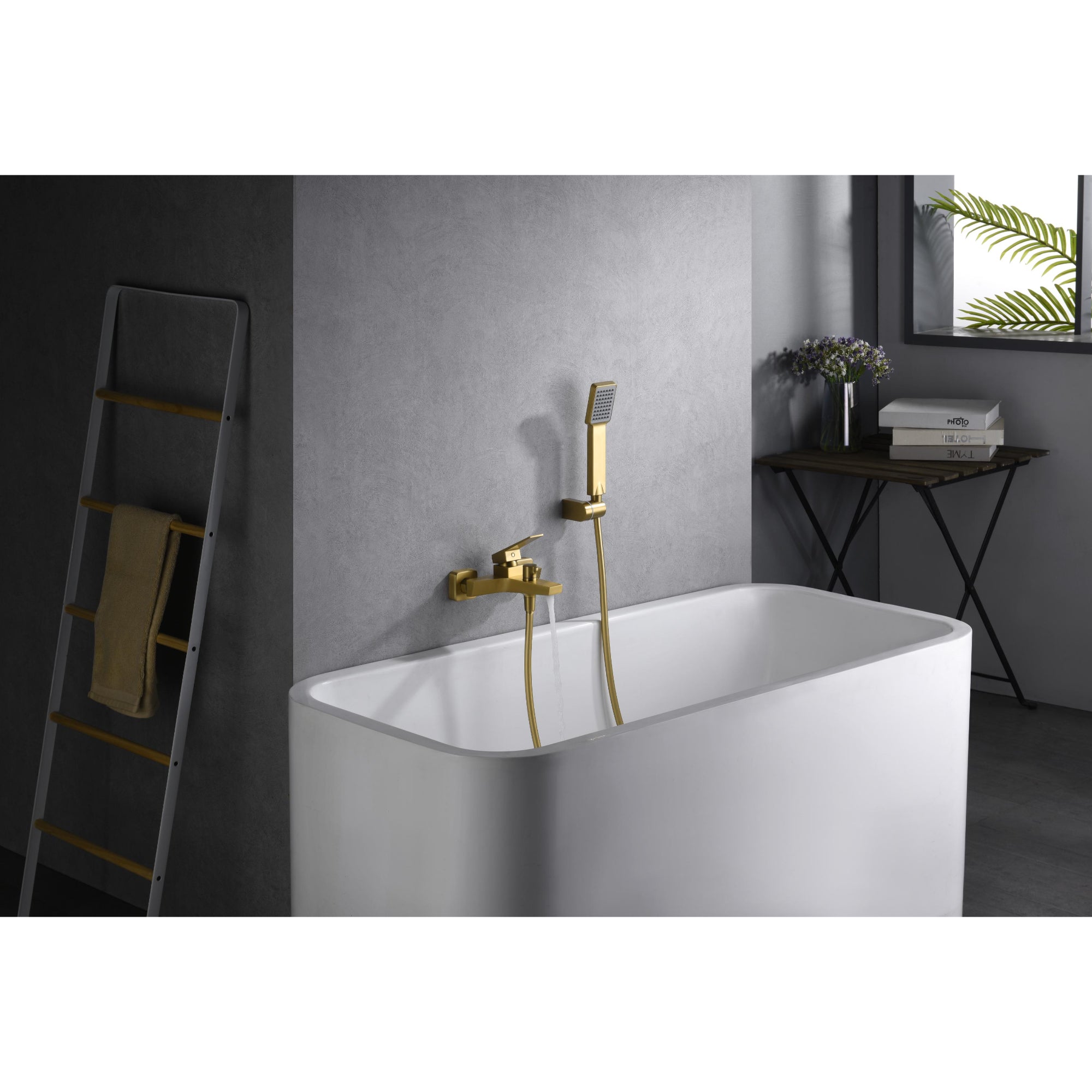 IMEX Miscelatore vasca-doccia corpo ottone finitura oro spazzolato PVD tubo flessibile PVC 180 cm supporto doccia ABS maniglia quadrata cartuccia ceramica Ø35 mm modello Imex-BDAR025-4OC